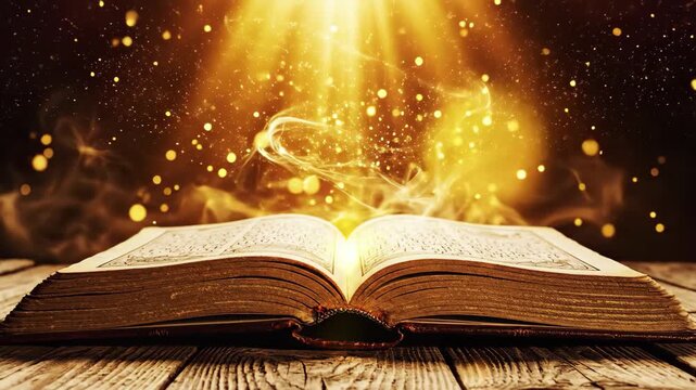 Ancient open book emitting magical golden light and sparks on a rustic wooden surface