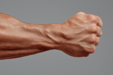 Strong male adult arm with fist in gesture of strength and power