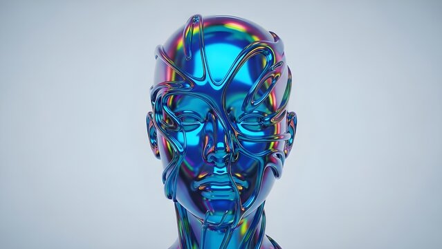 Front view of a humanoid head with holographic textures and vibrant rainbow light reflections, representing digital identity and AI. - Powered by Adobe