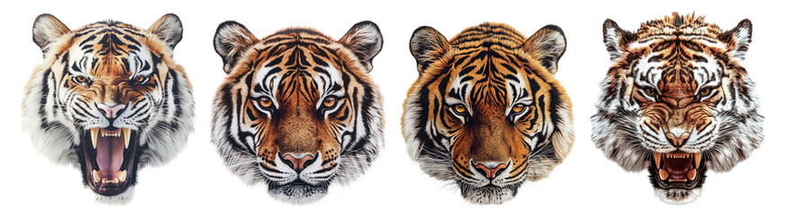Close-Up Portraits of Four Distinct Tiger Heads with Expressions Isolated Transparent Background