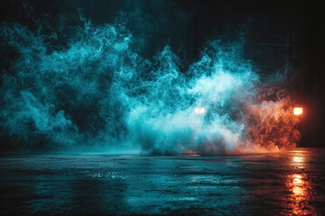 Moody dual-tone foggy night scene with car headlights illuminating the mist