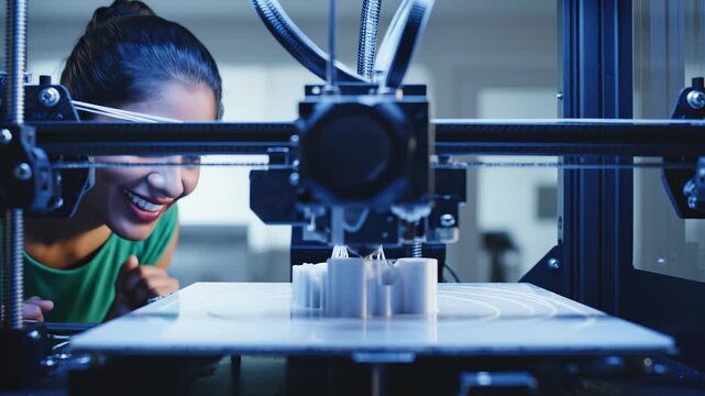 Woman observing 3D printer in operation