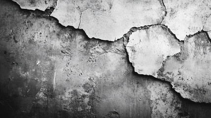 Cracked and peeling paint on a weathered wall with texture and shadows in black and white