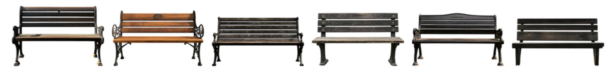 Variety of Wooden Benches in Different Colors and Designs for Outdoors Isolated Transparent Background