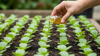 Hand Pouring Liquid on Green Seedlings in Soil