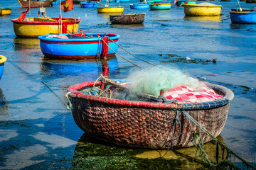 Colorful basket boats in a fishing village in Phan Rang, Vietnam.