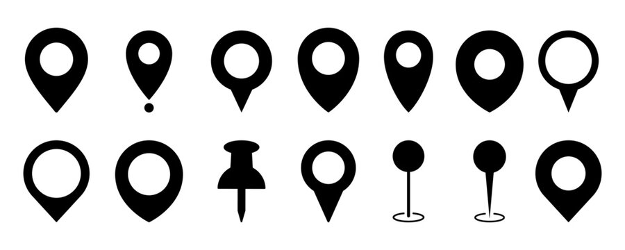 Location, map, and pin icon collection. GPS, place, markers, pinpoing, position, and navigation icons set. Vector illustration transparent background