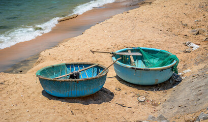 Colorful basket boats in a fishing village in Phan Rang, Vietnam.