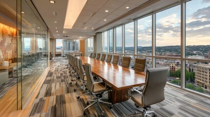 Modern open office space with long conference table, ergonomic chairs, and floor-to-ceiling windows overlooking a city skyline, ideal for corporate meetings and collaborative business environments