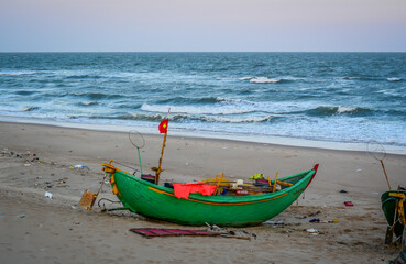 Colorful basket boats in a fishing village in Phan Rang, Vietnam.
