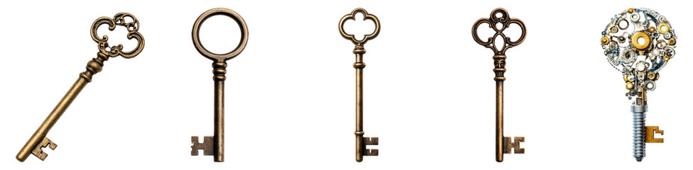 Various Antique Keys Featuring Intricate Designs and Unique Shapes Isolated Transparent Background