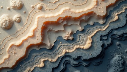 Abstract textured topographic map with layered geological strata in earth tones and deep blue hues illuminated by warm overhead