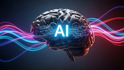 Digital Brain with A I Circuitry and Colorful Waves