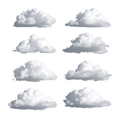 Variety of Crafted 3D White Cloud Elements for Artistic Use, Isolated on Transparent Background