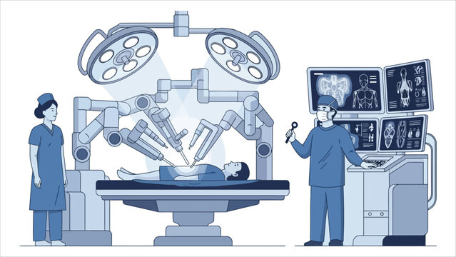Vector illustration of surgeons using a robotic surgical system with monitors showing patient vital signs and anatomy in a modern operating.
