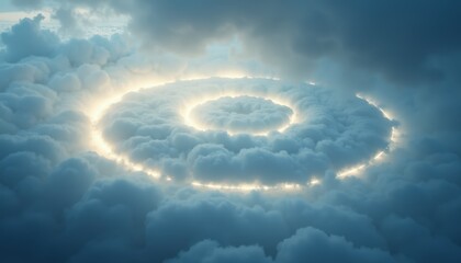 Ethereal glowing spiral portal emerges from mystical clouds at twilight with radiant golden light illuminating dramatic