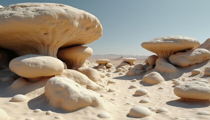 Expansive Desert Landscape Under a Clear Blue Sky Featuring Unique Mushroom-Shaped Rock Formations and Sandy Terrain