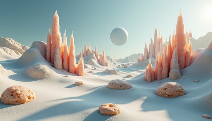 Pixelated Alien Landscape with Crystalline Formations and Distant Planet Under Bright Sunlight