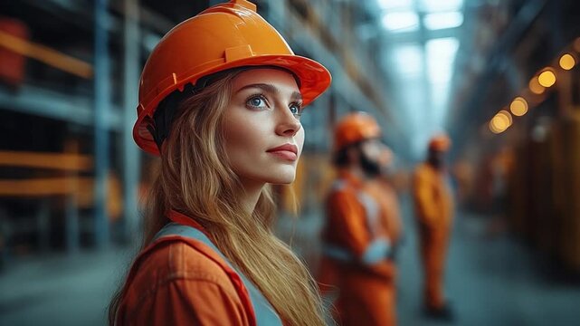 Industry Female Worker: A determined female worker wearing a safety helmet and attire, gazes confidently, surrounded by fellow workers in a industrial environment.