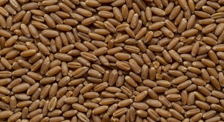 A macro close-up shot of dry, raw wheat kernels spread across a flat surface, creating a rich, textured, earthy backdrop ideal for natural and food themes, kernel, agriculture, brown