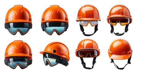 Collection of Orange Safety Helmets with Visors and Face Shields, PNG bundle collection, Isolated on Transparent Background
