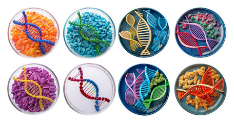 Colorful Edible DNA Models in Petri Dishes Representing Genetics, isolated on transparent background