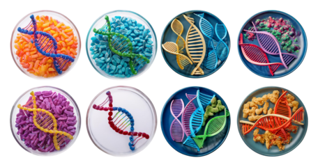 Colorful Edible DNA Models in Petri Dishes Representing Genetics, isolated on transparent background