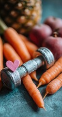 Healthy lifestyle dumbbell, carrots, apples, & pineapple