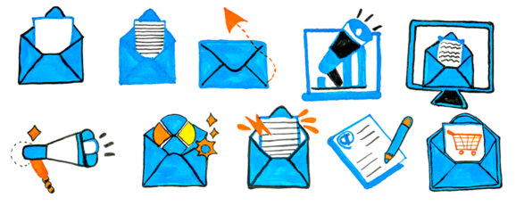 Icon set illustrating email marketing automation, newsletter subscription, direct mail campaigns, and communication analytics