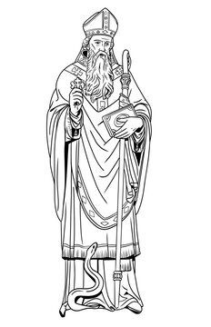 Saint Patrick line art illustration with bishop mitre, staff and cross. Traditional Irish religious figure in ceremonial robes standing on serpent. Perfect for coloring books, religious materials and 