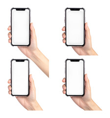 Hand Holding Mobile Phone Screen Mockup Collection Set Display, Isolated on Transparent Background