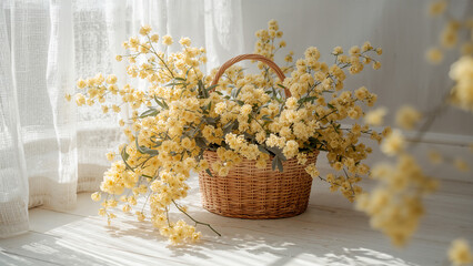 Fototapeta premium 春の朝、窓辺の籐かごに生けたミモザの花を室内でやさしく捉えた、人物なし