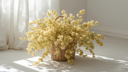 Fototapeta premium 春の朝、窓辺の籐かごに生けたミモザの花を室内でやさしく捉えた、人物なし