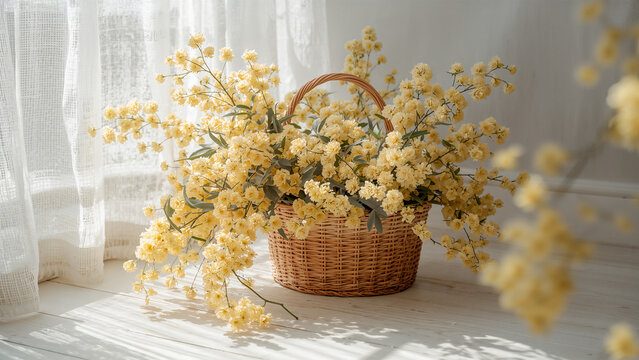 春の朝、窓辺の籐かごに生けたミモザの花を室内でやさしく捉えた、人物なし