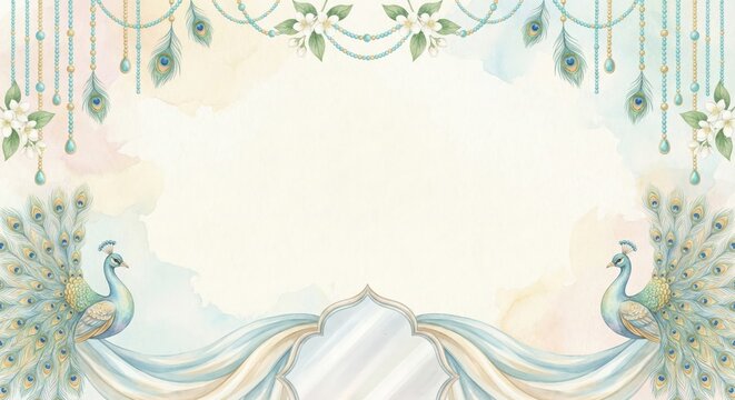 Symmetrical watercolor design featuring two elegant peacocks with floral garlands and golden beads for wedding invitations or luxury branding backgrounds