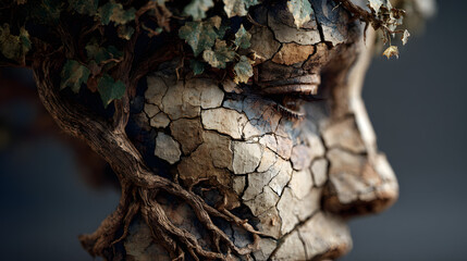 Conceptual Surreal Mind Sculpture with Growing Tree and Cracked Texture
