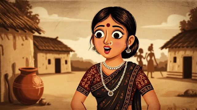 Women Indian Woman Cartoon Character in Traditional Saree Standing in Rural Village