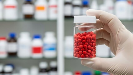 Hand in glove holding a container of red pills in a laboratory with various bottles