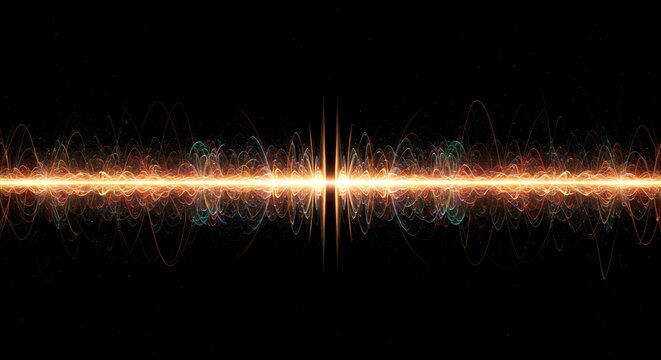 Complex abstract visualization of rhythmic quantum wave mechanics flowing across an empty, dark spatial void, illustrating pure energy, potential, deep, minimal - Powered by Adobe