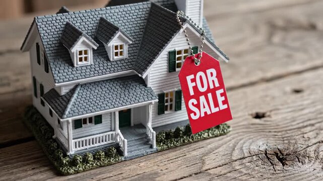 Miniature model house with red for sale sign on rustic wooden surface