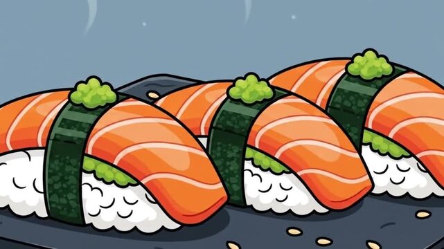 Hot Salmon Nigiri Sushi Cartoon Illustration