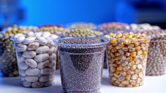Assortment of dried grains and legumes in clear plastic cups for agricultural quality testing