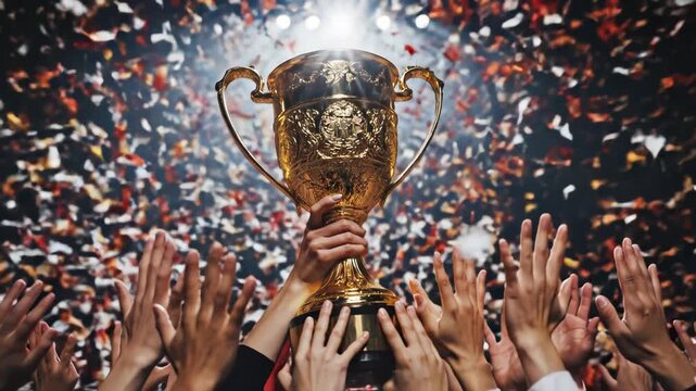 Group holding golden trophy with confetti
