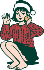 Festive Christmas illustration of a young woman in a red cable-knit sweater and Santa hat holding a bauble, waving with her hand