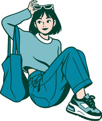 Chic young woman in casual denim and a cozy top, fashionably accessorized with sunglasses and a tote bag, sitting relaxed and enjoying a serene moment