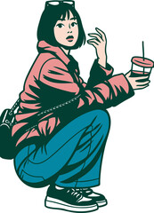 Stylish young woman in casual clothing holding a beverage and looking to the side with a thoughtful expression