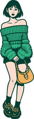 A stylish young woman in a green fuzzy sweater and shorts, holding a yellow handbag, exuding fashion-forward charm