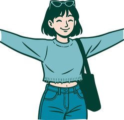 Cheerful young woman with outstretched arms expressing joy and openness, wearing a casual outfit and sunglasses, embodying a welcoming and happy spirit