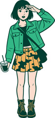 A fashionable young woman in a green jacket and camouflage skirt, holding a drink and a crossbody bag, striking a confident pose