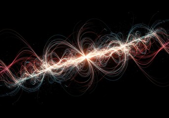 Highly complex abstract background featuring dynamic, glowing energy waves and interwoven vibrational patterns representing a resonant field system, sound, flow, digital